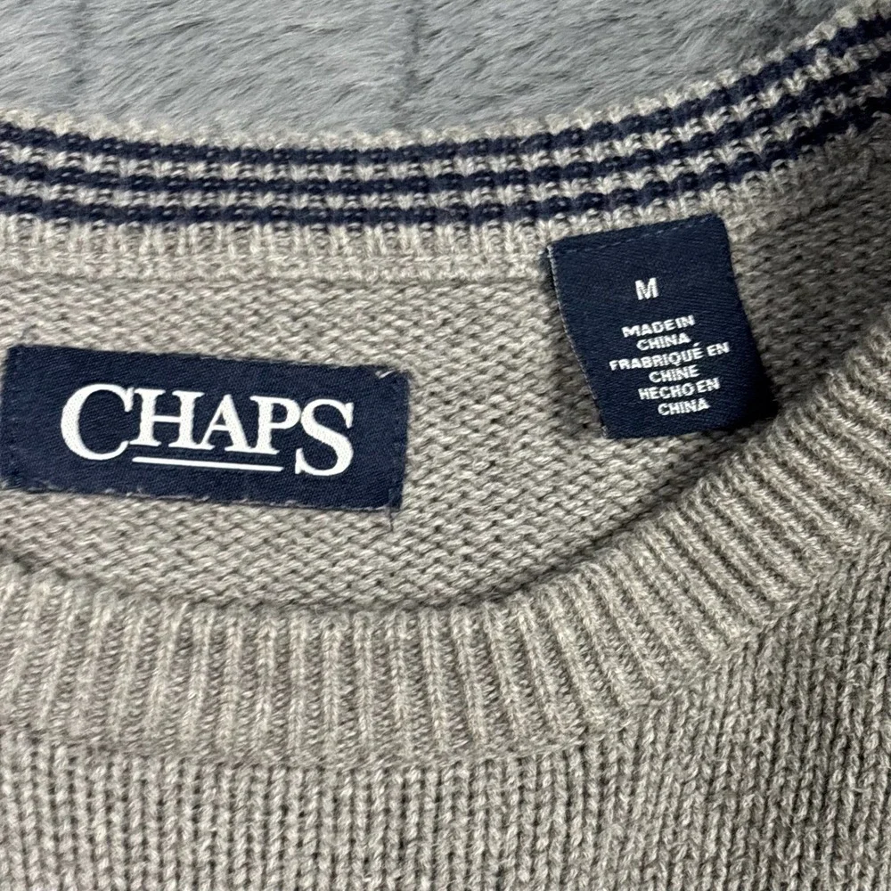 Chaps Mens Crew Neck Sweater Beige Tan Heather Cotton Knit Logo Pullover Size M